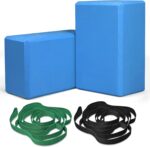 Yoga Blocks and Yoga Straps Set, 2 Large Yoga Blocks 9×6×4 inches, 2 Stretching Yoga Straps, Non-Slip Surface for Meditation, Balance, Pilates, Stretching and Deep Poses